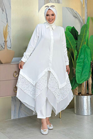 Dantel Ve Şifon Detaylı Asimetrik Kesim Tunik 2758 Ekru