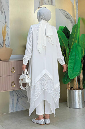 Dantel Ve Şifon Detaylı Asimetrik Kesim Tunik 2758 Ekru