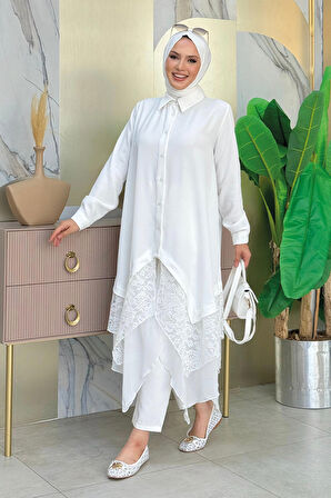 Dantel Ve Şifon Detaylı Asimetrik Kesim Tunik 2758 Ekru