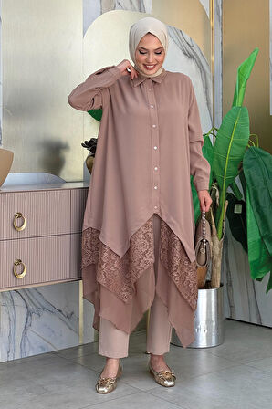 Dantel Ve Şifon Detaylı Asimetrik Kesim Tunik 2758 Vizon