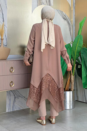 Dantel Ve Şifon Detaylı Asimetrik Kesim Tunik 2758 Vizon