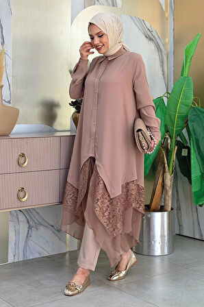 Dantel Ve Şifon Detaylı Asimetrik Kesim Tunik 2758 Vizon