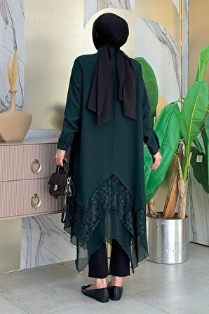 Dantel Ve Şifon Detaylı Asimetrik Kesim Tunik 2758 Zümrüt