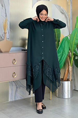 Dantel Ve Şifon Detaylı Asimetrik Kesim Tunik 2758 Zümrüt