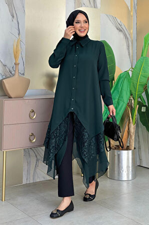 Dantel Ve Şifon Detaylı Asimetrik Kesim Tunik 2758 Zümrüt