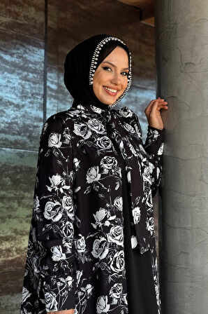 Boyun Bağcıklı Çiçek Desenli Abayalı Elbise Takım 3907 Siyah