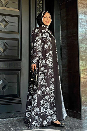 Boyun Bağcıklı Çiçek Desenli Abayalı Elbise Takım 3907 Siyah