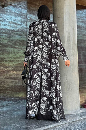 Boyun Bağcıklı Çiçek Desenli Abayalı Elbise Takım 3907 Siyah