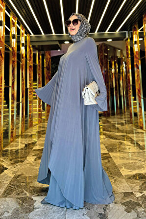 Pilise Detaylı Uzun Tunik ve Pantolon İkili Takım 8575 Gri