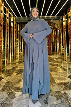 Pilise Detaylı Uzun Tunik ve Pantolon İkili Takım 8575 Gri