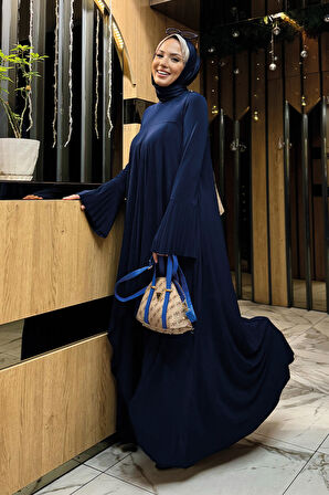 Pilise Detaylı Uzun Tunik ve Pantolon İkili Takım 8575 Lacivert