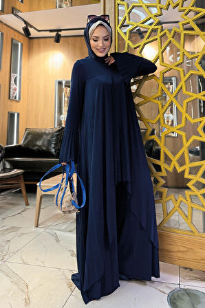 Pilise Detaylı Uzun Tunik ve Pantolon İkili Takım 8575 Lacivert