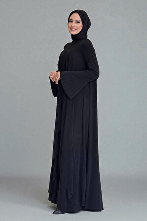 Pilise Detaylı Uzun Tunik ve Pantolon İkili Takım 8575 Siyah