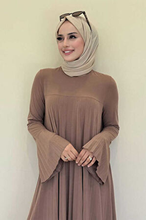 Pilise Detaylı Uzun Tunik ve Pantolon İkili Takım 8575 Taba