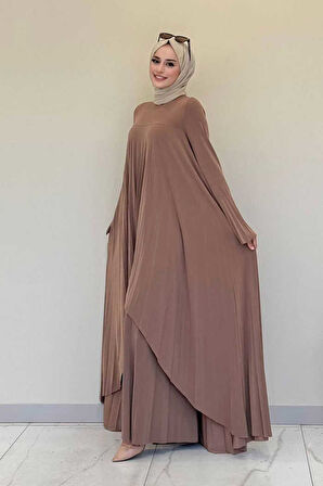 Pilise Detaylı Uzun Tunik ve Pantolon İkili Takım 8575 Taba