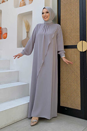 Çapraz Parça Görünümlü İncili Büyük Beden Elbise 3879-1 Gri