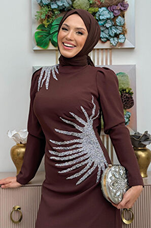 Omuz ve Bel Kısmı Taş Detaylı Abiye Elbise 3909 Kahverengi
