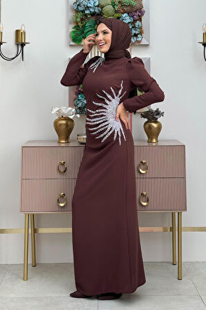 Omuz ve Bel Kısmı Taş Detaylı Abiye Elbise 3909 Kahverengi