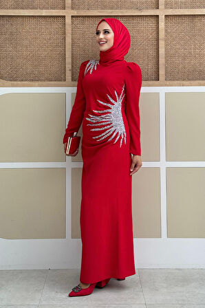 Omuz ve Bel Kısmı Taş Detaylı Abiye Elbise 3909 Kırmızı