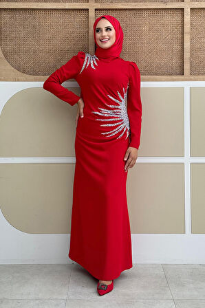 Omuz ve Bel Kısmı Taş Detaylı Abiye Elbise 3909 Kırmızı