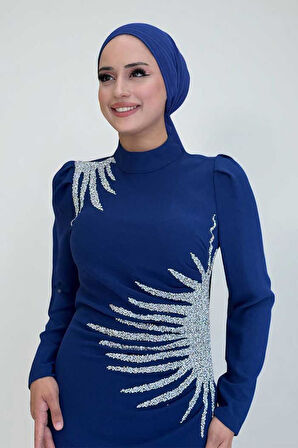 Omuz ve Bel Kısmı Taş Detaylı Abiye Elbise 3909 Lacivert