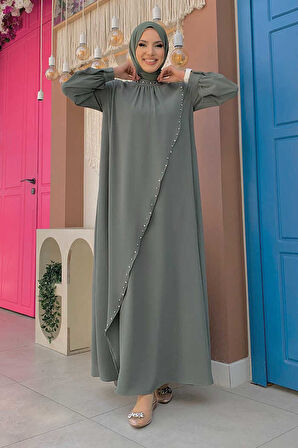 Çapraz Parça Görünümlü İncili Büyük Beden Elbise 3879-1 Mint