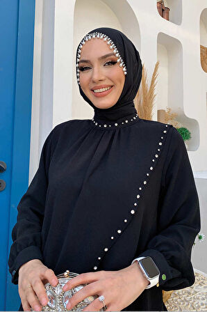 Çapraz Parça Görünümlü İncili Büyük Beden Elbise 3879-1 Siyah