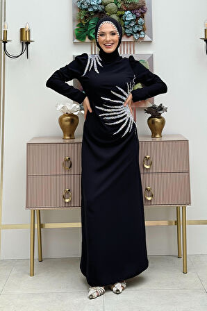 Omuz ve Bel Kısmı Taş Detaylı Abiye Elbise 3909 Siyah
