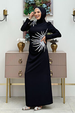 Omuz ve Bel Kısmı Taş Detaylı Abiye Elbise 3909 Siyah