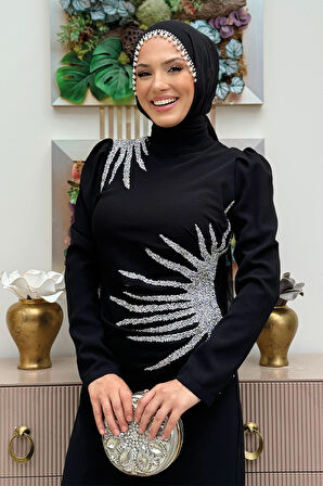 Omuz ve Bel Kısmı Taş Detaylı Abiye Elbise 3909 Siyah