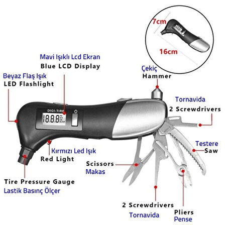 Çok Amaçlı Acil Durum Araç Seti Basınç Ölçer-Çekiç-Fenr-Tornavida