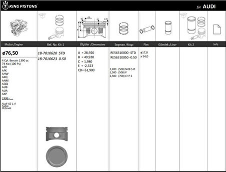Vag Piston+segman (76,51mm Std) Golf IV Bora Cordoba Arosa A2 İbiza II / III / IV İnca Leon Toledo II Fa - Kingpiston 18-7010620