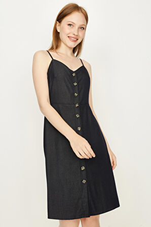 Kadın Askılı Düğmeli Mini Denim Elbise