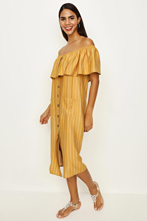 Kadın Carmen Yaka Düğme Detaylı Elbise