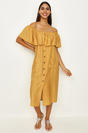 Kadın Carmen Yaka Düğme Detaylı Elbise