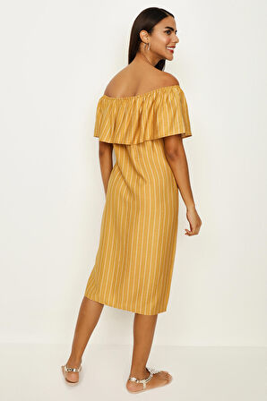 Kadın Carmen Yaka Düğme Detaylı Elbise