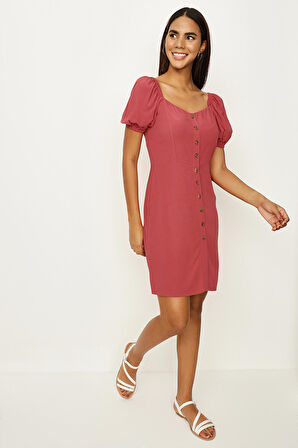 Kadın Düğme Detaylı Balon Kollu Elbise