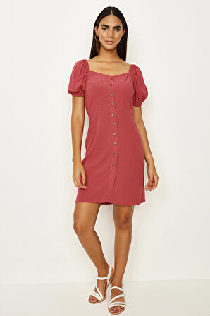 Kadın Düğme Detaylı Balon Kollu Elbise