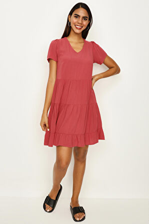 Kadın V Yaka Geniş Kesim Mini Elbise