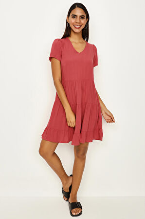 Kadın V Yaka Geniş Kesim Mini Elbise