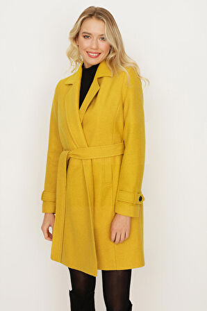 Kadın Kemerli Gabardin Kumaş Kaban