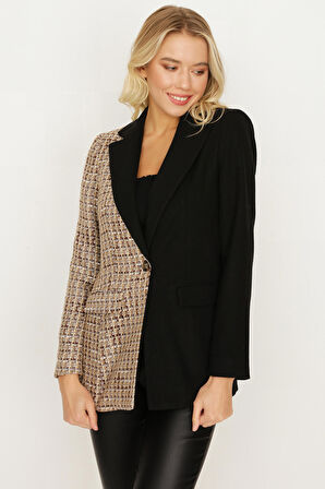 Kadın Tek Düğmeli Pötikare Desen Kontrast Blazer Ceket