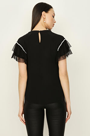 Kadın Kolları İnci ve Fırfır Detaylı Bluz