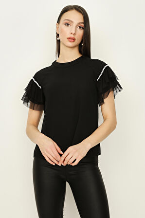 Kadın Kolları İnci ve Fırfır Detaylı Bluz