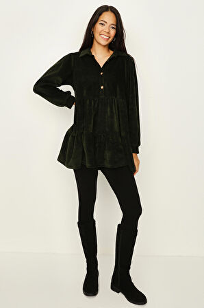 Kadın Eteği Volanlı Kadife Tunik Elbise