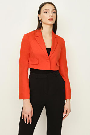 Kadın Orange Tek Düğmeli Crop Blazer Ceket