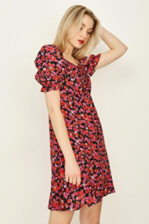 Kadın Çiçek Desenli Beşgen Yaka Balon Kollu Mini Elbise