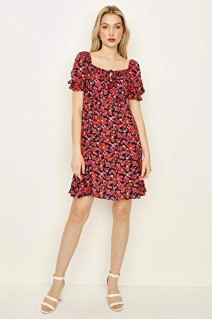 Kadın Çiçek Desenli Beşgen Yaka Balon Kollu Mini Elbise