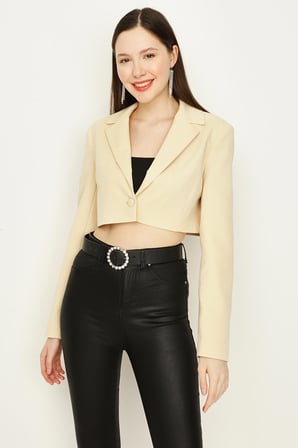 Kadın Tek Düğme Kapamalı Crop Blazer Ceket