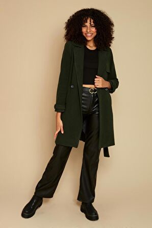 Kadın Düğme Kapamalı Astarlı Kuşaklı Kaşe Kaban